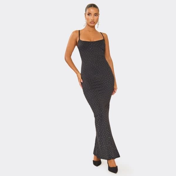 EGO Strappy Scoop Neck Split Leg Diamante Maxi Dress In Black, Women's Size UK 8