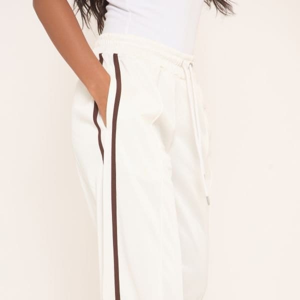 EGO Mid Rise Tie Waist Detail Contrast Side Stripe Joggers In Cream, Women's Size UK 12 - 2