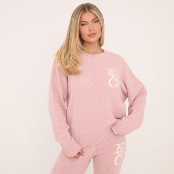 EGO Long Sleeve Crew Neck Ego Graphic Oversized Jumper In Baby Pink Knit, Women's Size UK Large L