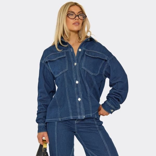 EGO Oversized Seam Detail Shirt In Indigo Denim, Women's Size UK 6