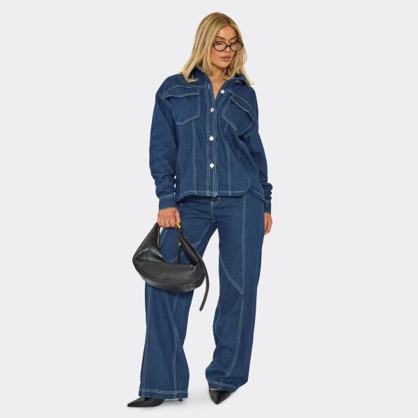 EGO Oversized Seam Detail Shirt In Indigo Denim, Women's Size UK 6 - 2