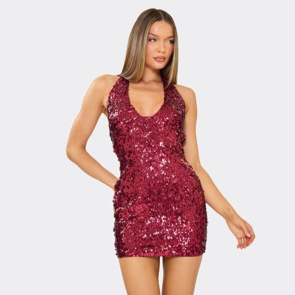 EGO Plunge Halterneck Fitted Mini Dress In Burgundy Sequin, Women's Size UK 6