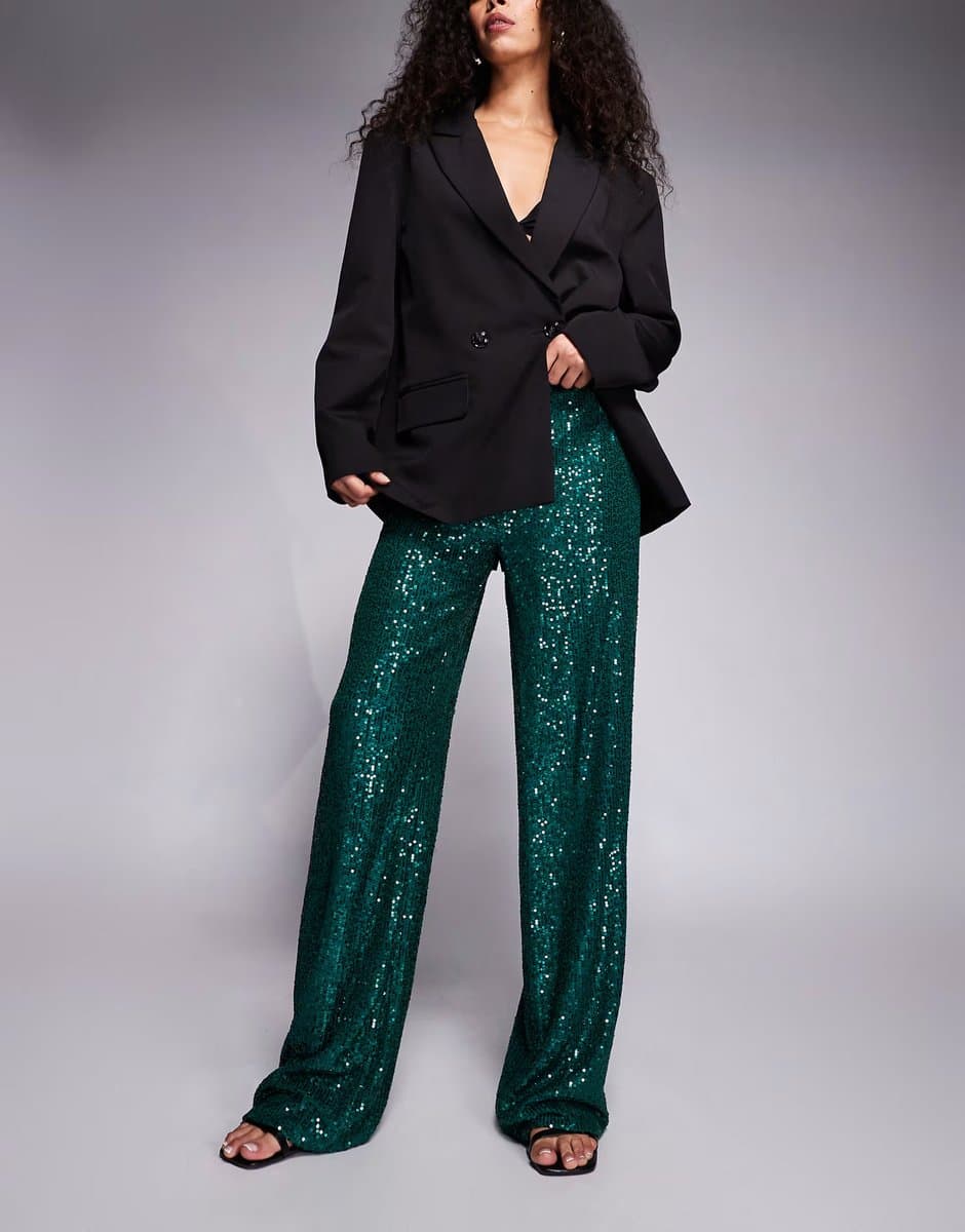 ASOS ASOS Kaiia Premium Sequin Straight Leg Trousers in Emerald