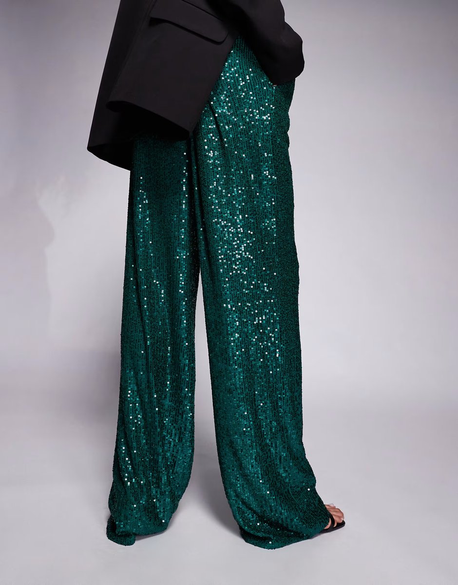 ASOS Kaiia exclusive premium sequin straight leg trousers in emerald - 4