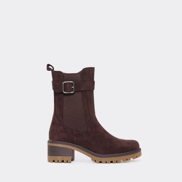 EGO Ieaun Side Buckle Detail Elasticated Ankle Boot In Brown Faux Suede, Women's Size UK 3