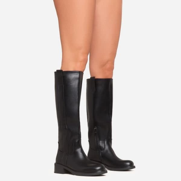 EGO Pax Side Panel Detail Knee High Long Biker Boot In Black Faux Leather, Women's Size UK 3