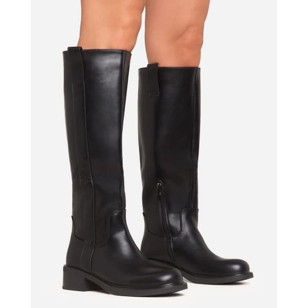 EGO Pax Side Panel Detail Knee High Long Biker Boot In Black Faux Leather, Women's Size UK 3 - 2