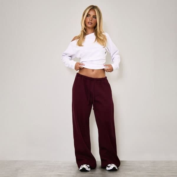 EGO Mid Rise Drawstring Waist Wide Leg Joggers In Plum, Women's Size UK 10