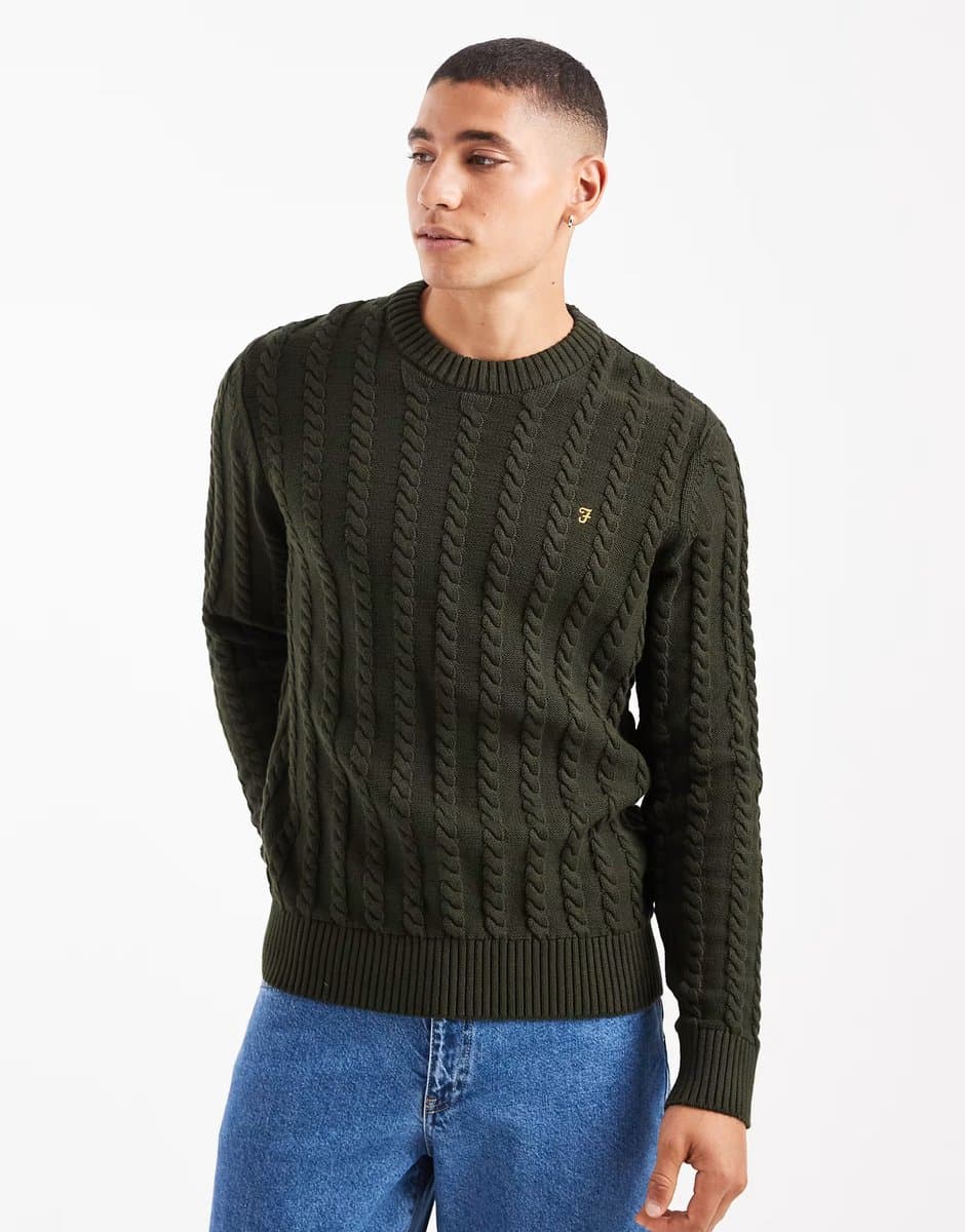 ASOS Farah knight cableknit jumper in dark green
