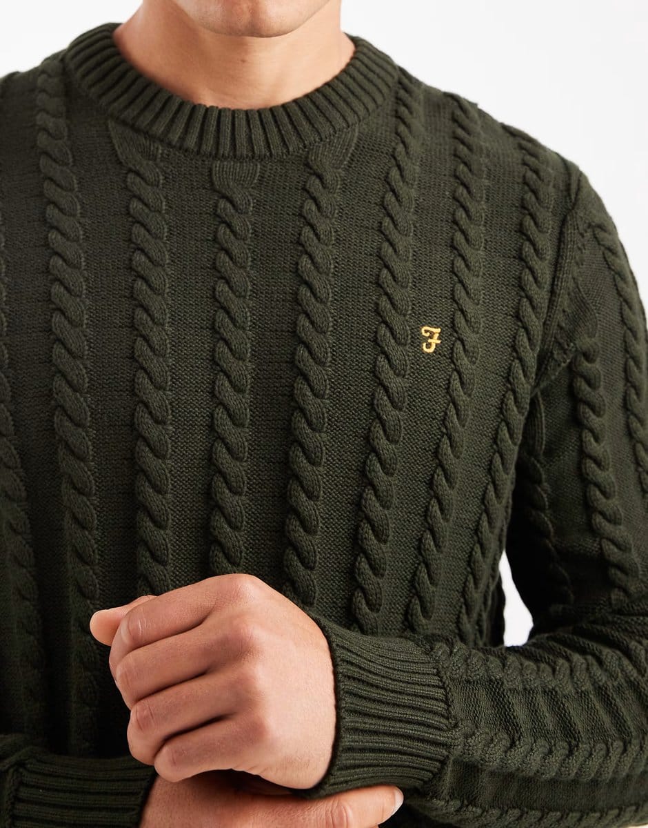 ASOS Farah knight cableknit jumper in dark green - 4