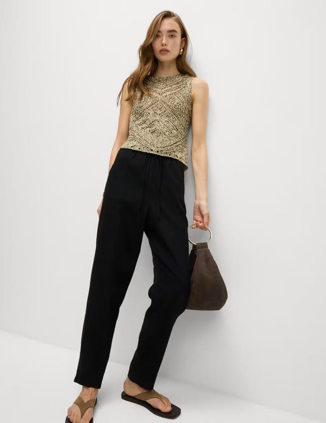 Marks & Spencer M&S Linen-Rich Drawstring Tapered Trousers Black - 2