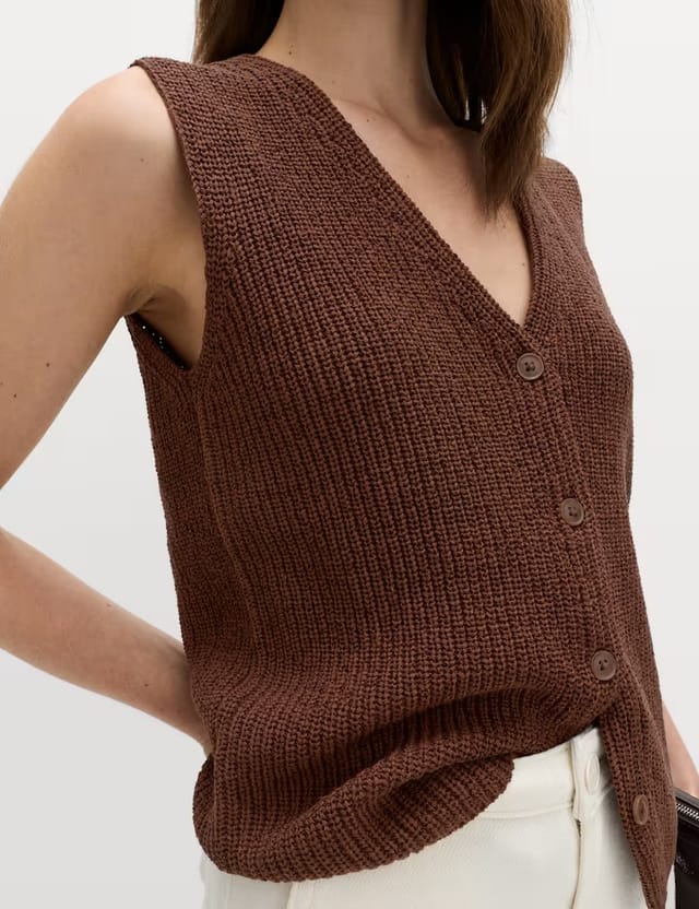 Marks & Spencer M&S Cotton Blend Ribbed Knitted Waistcoat Conker - 2