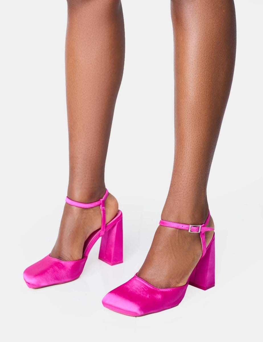 Public Desire Leighton Pink Satin Slant Toe Block Heels - 4