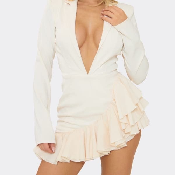 EGO Plunge Ruffle Asymmetric Hem Detail Blazer Playsuit In Cream, Women's Size UK 6 - 2