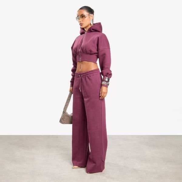 EGO Tie Waist Wide Leg Detail Joggers In Dark Plum, Women's Size UK 4