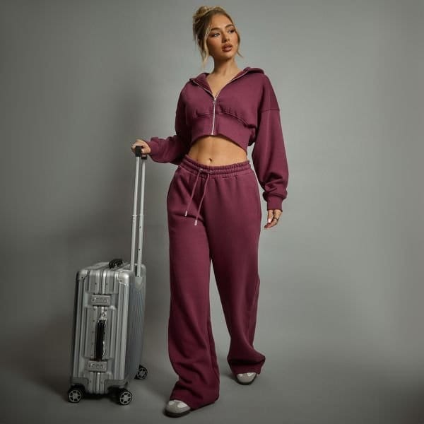 EGO Tie Waist Wide Leg Detail Joggers In Dark Plum, Women's Size UK 4 - 2