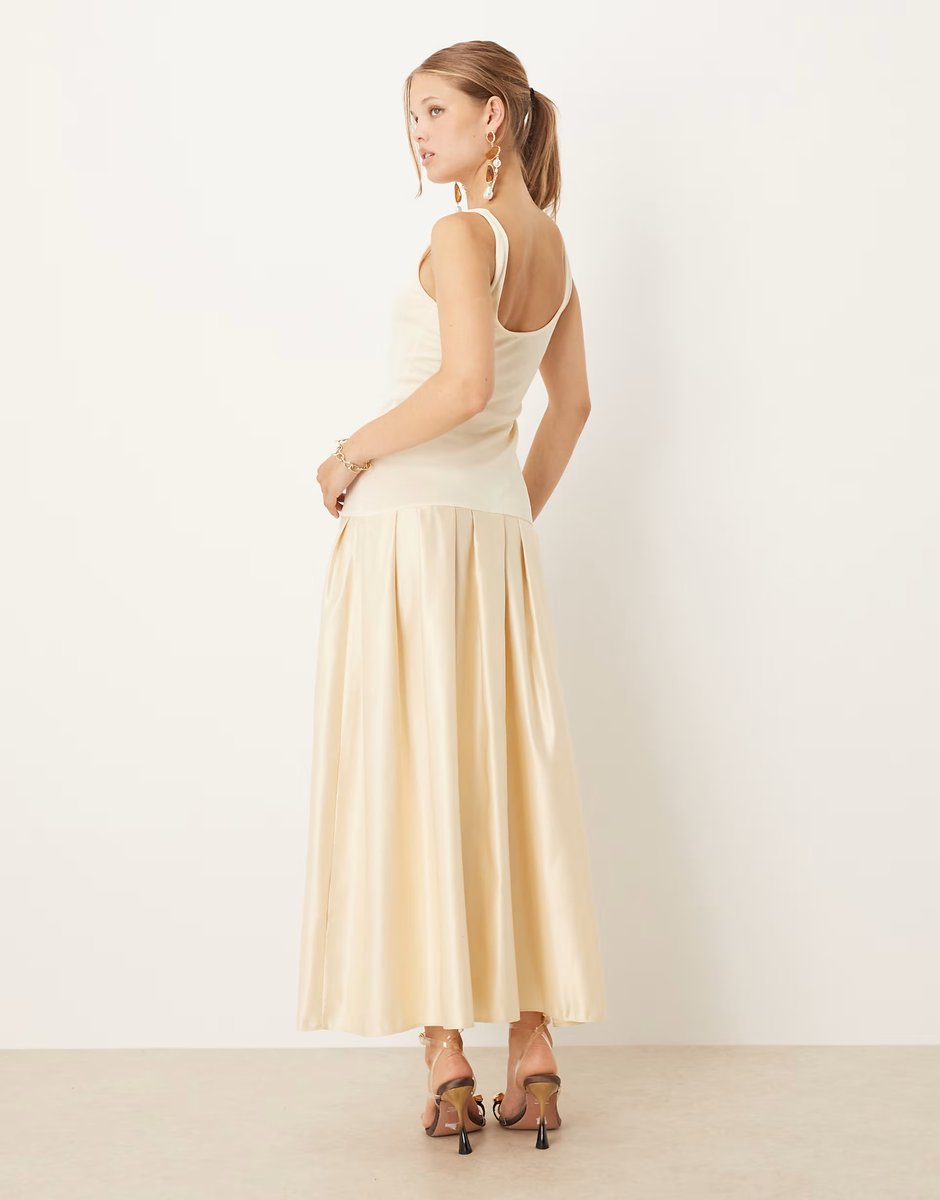 ASOS ASOS DESIGN scoop neck drop waist midi dress with satin skirt in champagne - 3