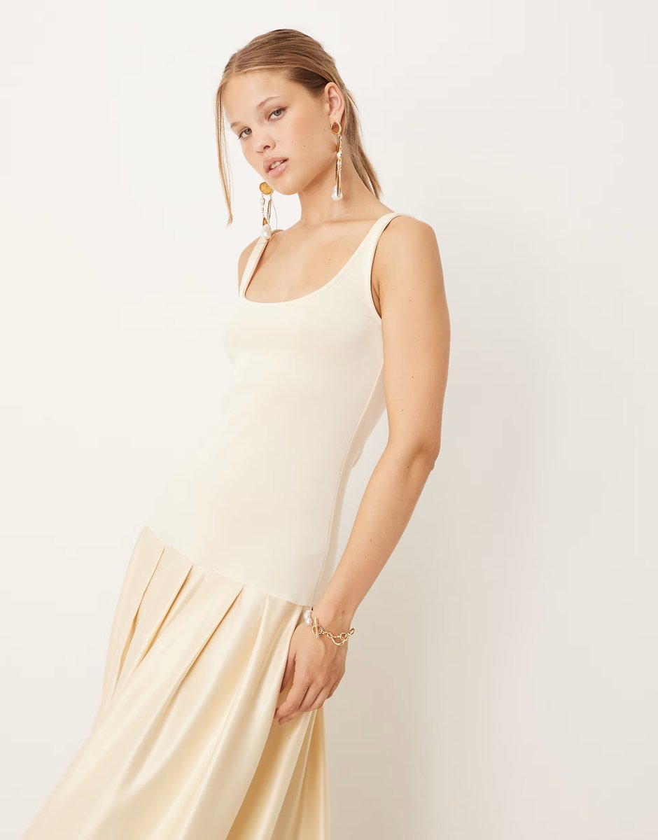 ASOS ASOS DESIGN scoop neck drop waist midi dress with satin skirt in champagne - 4
