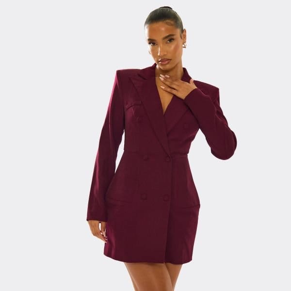 EGO Long Sleeve Double Breasted Cinched Waist Blazer Dress In Plum, Women's Size UK 6 - 1