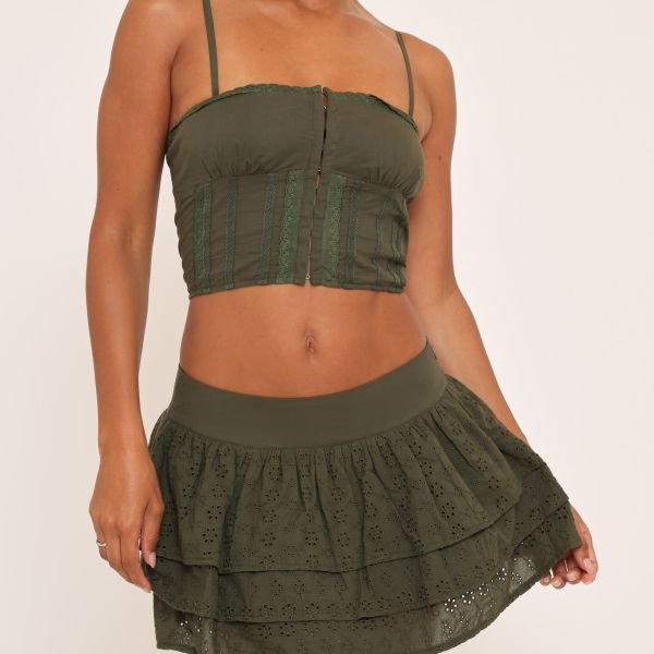 EGO Mid Rise Frill Hem Detail Mini Skirt In Khaki Green Broderie, Women's Size UK 6 - 2