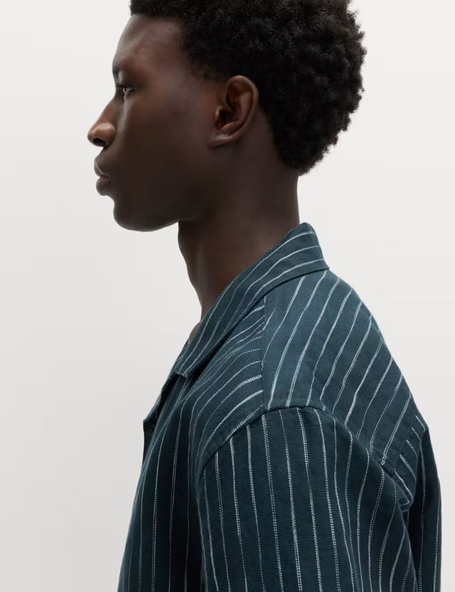 Marks & Spencer M&S Cotton Linen Blend Striped Short Sleeve Shirt Blue Mix - 2