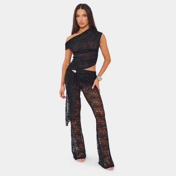 EGO Low Rise Fold Over Waist Drape Detail Trousers In Black Lace, Women's Size UK 6