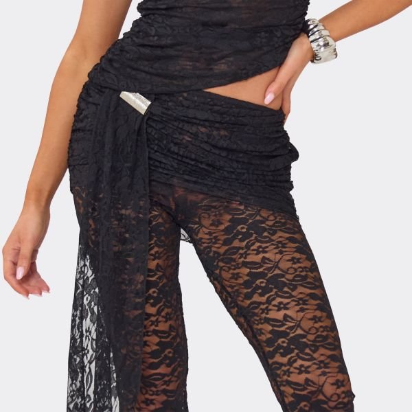 EGO Low Rise Fold Over Waist Drape Detail Trousers In Black Lace, Women's Size UK 6 - 2