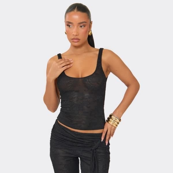 EGO EGO Edgy Square Neck Lace Top in Black Sheer