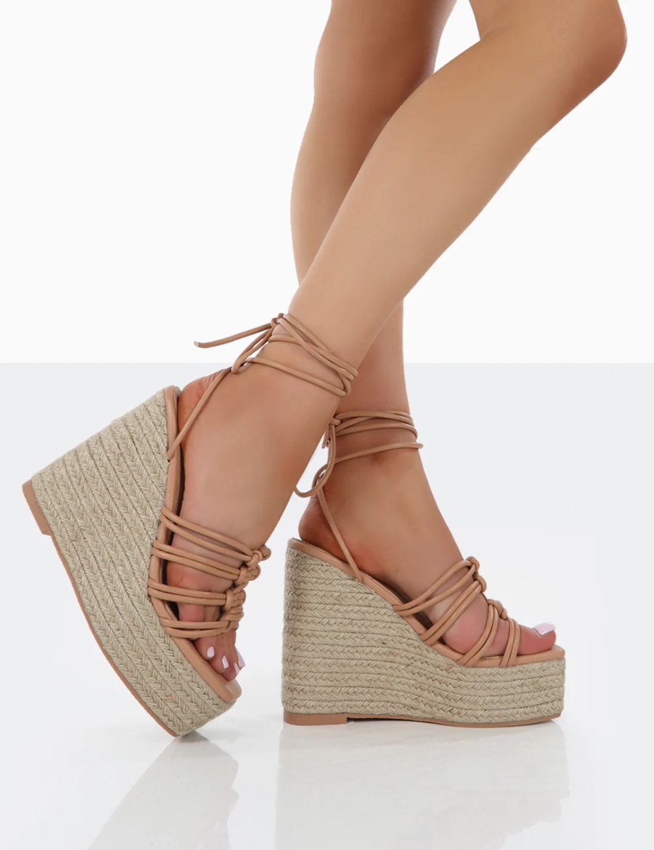 Public Desire Chakkra Nude PU High Heeled Sandal Espadrilles Wedges - 3