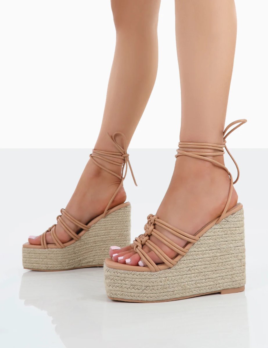 Public Desire Chakkra Nude PU High Heeled Sandal Espadrilles Wedges - 4
