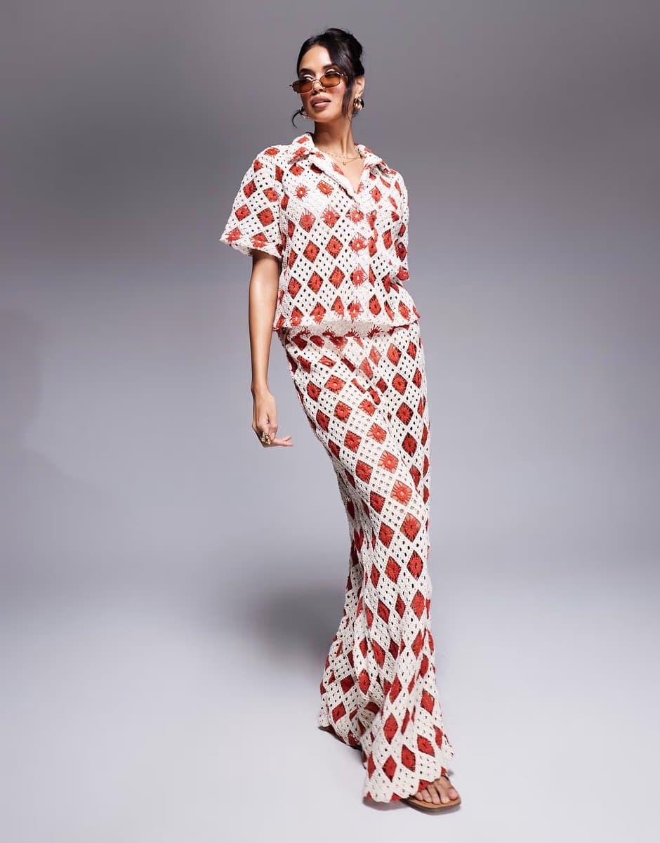 ASOS South Beach crochet short sleeve beach shirt co-ord in cream and rust