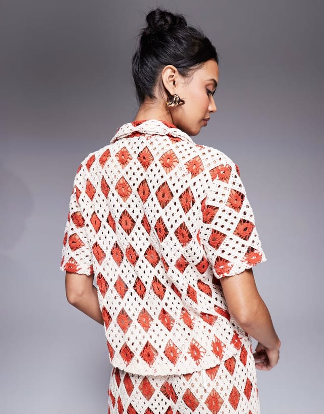 ASOS South Beach crochet short sleeve beach shirt co-ord in cream and rust - 3