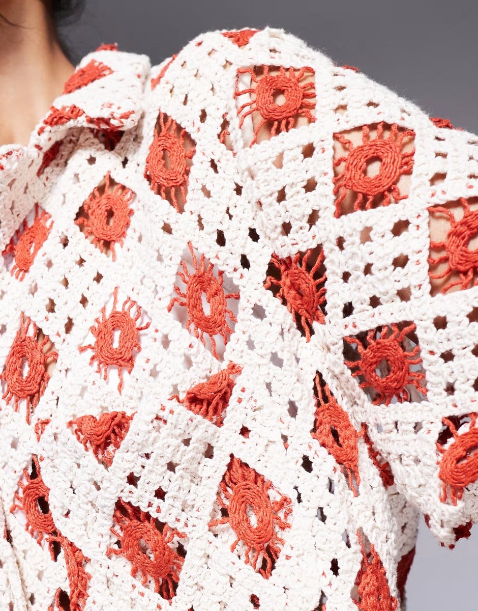 ASOS South Beach crochet short sleeve beach shirt co-ord in cream and rust - 4