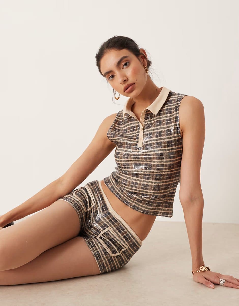 ASOS Motel tisuka polo top in vintage style sequin check co-ord