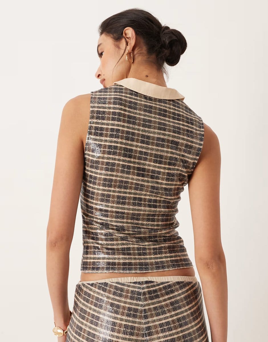 ASOS Motel tisuka polo top in vintage style sequin check co-ord - 4