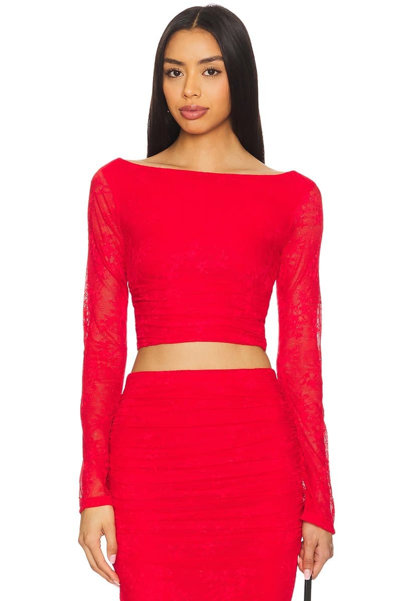 revolve Revolve Noam Lace Long Sleeve Crop Top in Risky Red