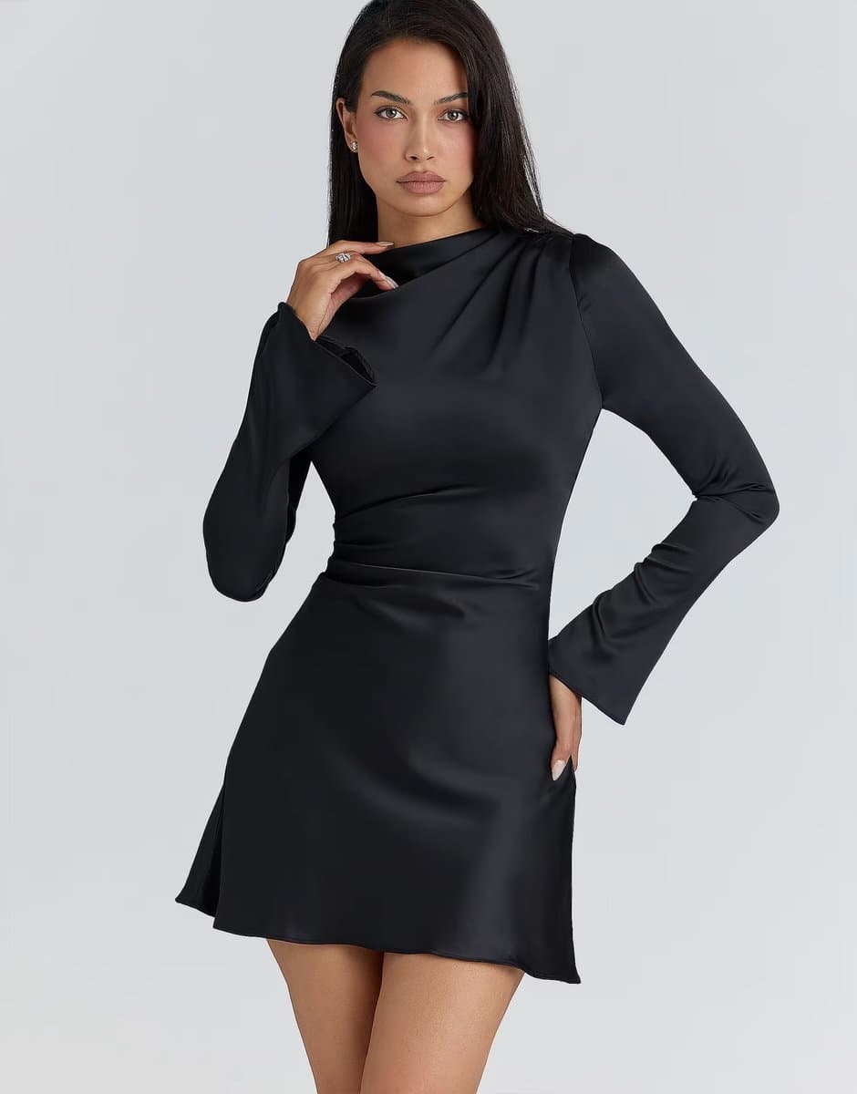 ASOS House of CB Lulu black satin long sleeve mini dress in black