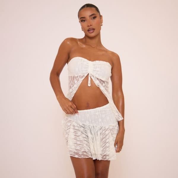 EGO Bandeau Ruched Detail Split Hem Top In Cream, Women's Size UK 8