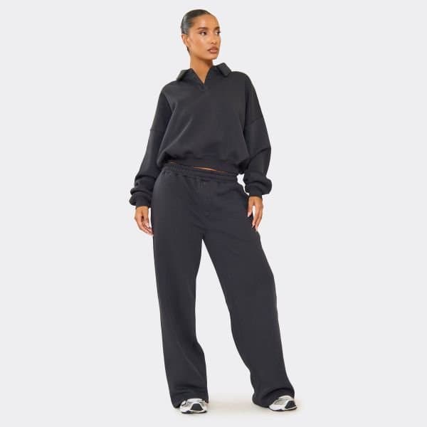 EGO Mid Rise Button Front Wide Leg Joggers In Dark Navy, Women's Size UK 14