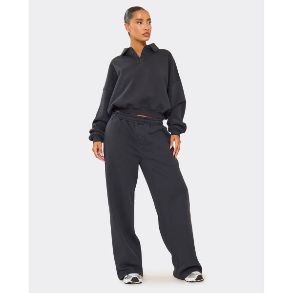 EGO Mid Rise Button Front Wide Leg Joggers In Dark Navy, Women's Size UK 14 - 2
