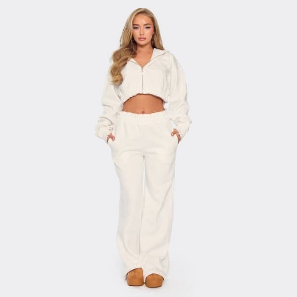 EGO Mid Rise Distressed Waist Wide Leg Joggers In Cream, Women's Size UK 6