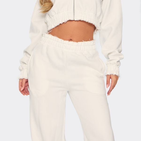 EGO Mid Rise Distressed Waist Wide Leg Joggers In Cream, Women's Size UK 6 - 2