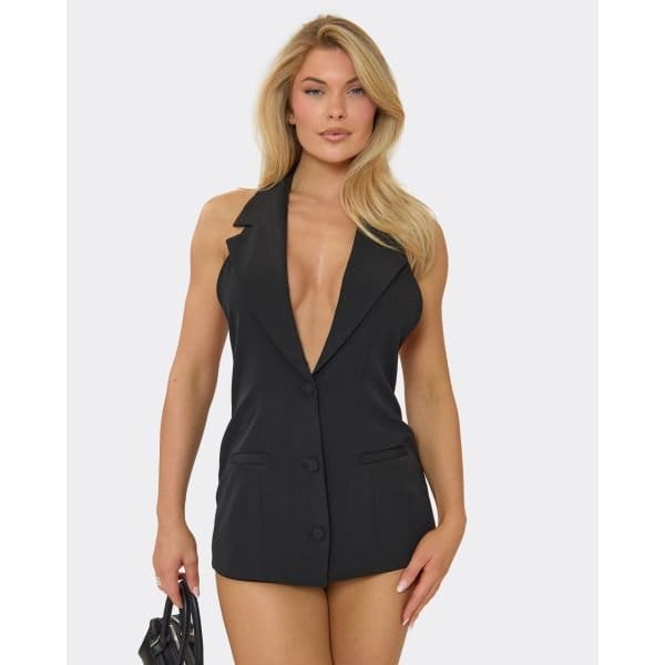 EGO Plunge Neck Button Front Open Back Detail Tailored Playsuit In Black, Women's Size UK 4 - 2