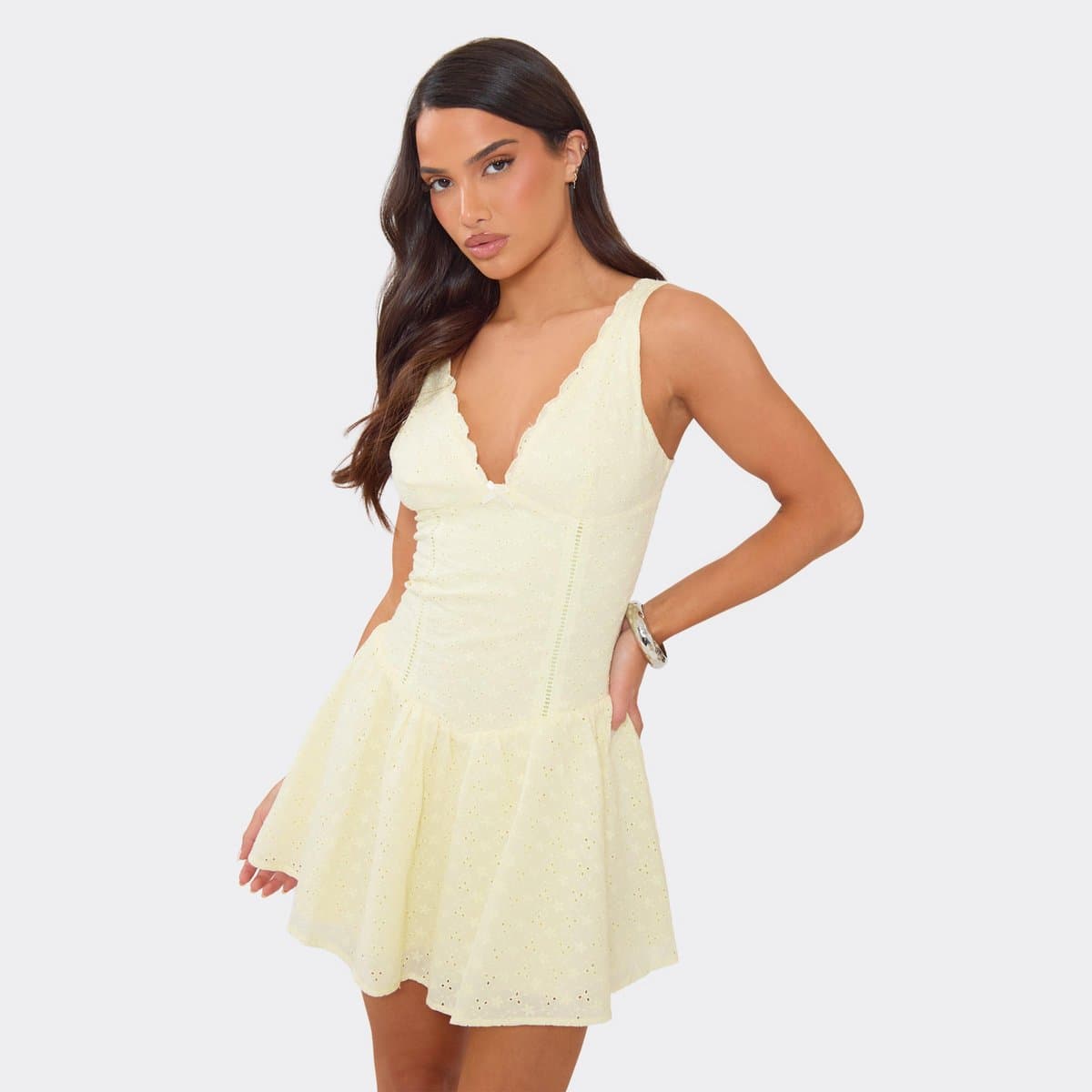 EGO Plunge Neck Frilled Detail Dropped Waist Mini Dress In Yellow Broderie, Women's Size UK 6