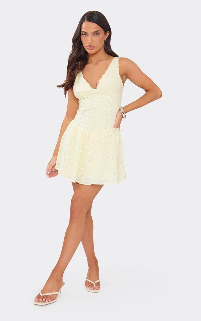 EGO Plunge Neck Frilled Detail Dropped Waist Mini Dress In Yellow Broderie, Women's Size UK 6 - 2