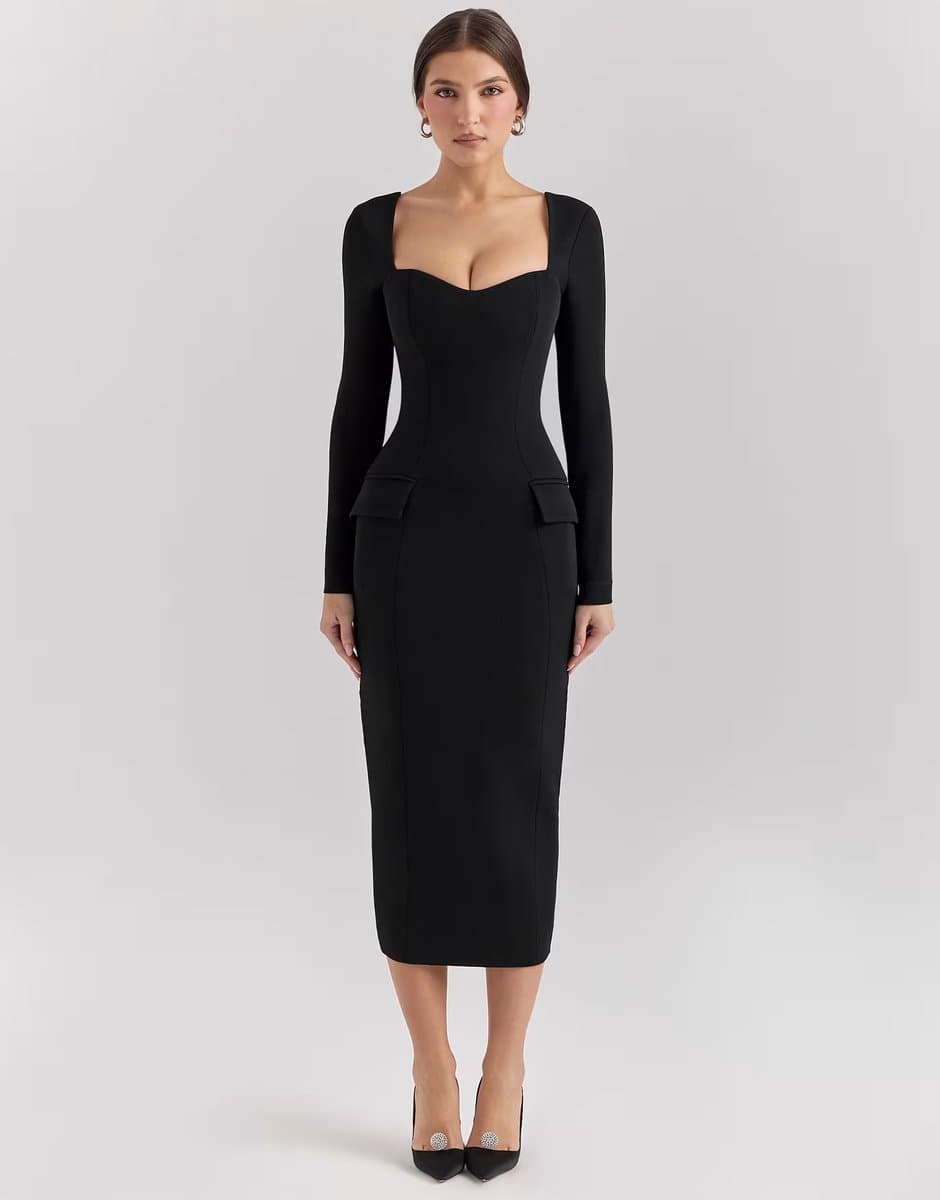 ASOS House of CB Ella stretch crepe long sleeve midi dress in black
