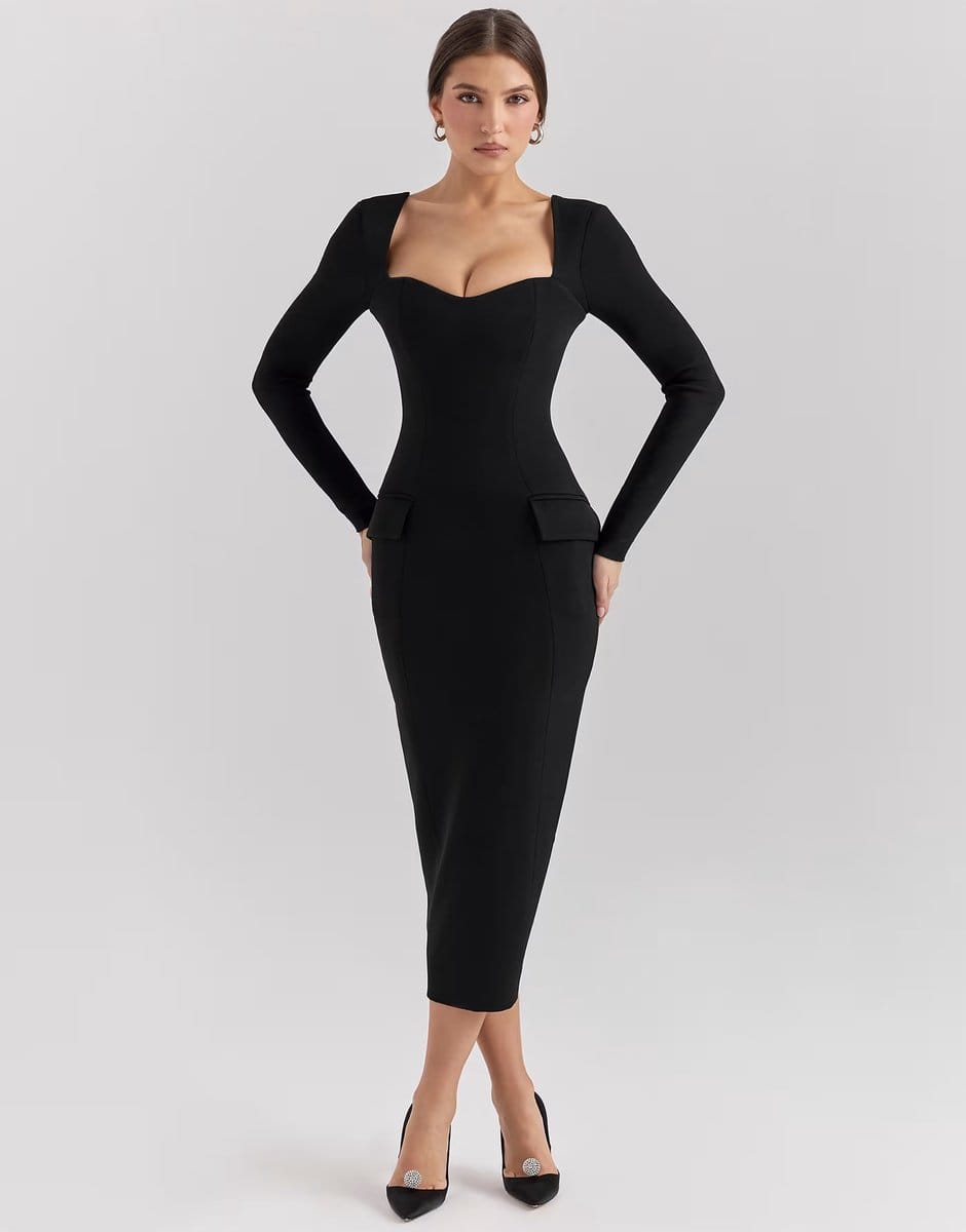 ASOS House of CB Ella stretch crepe long sleeve midi dress in black - 4