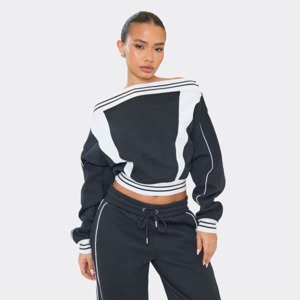 EGO Off The Shoulder Contrast Stripe Cinched Waist Detail Sweatshirt In Navy Blue, Women's Size UK 6