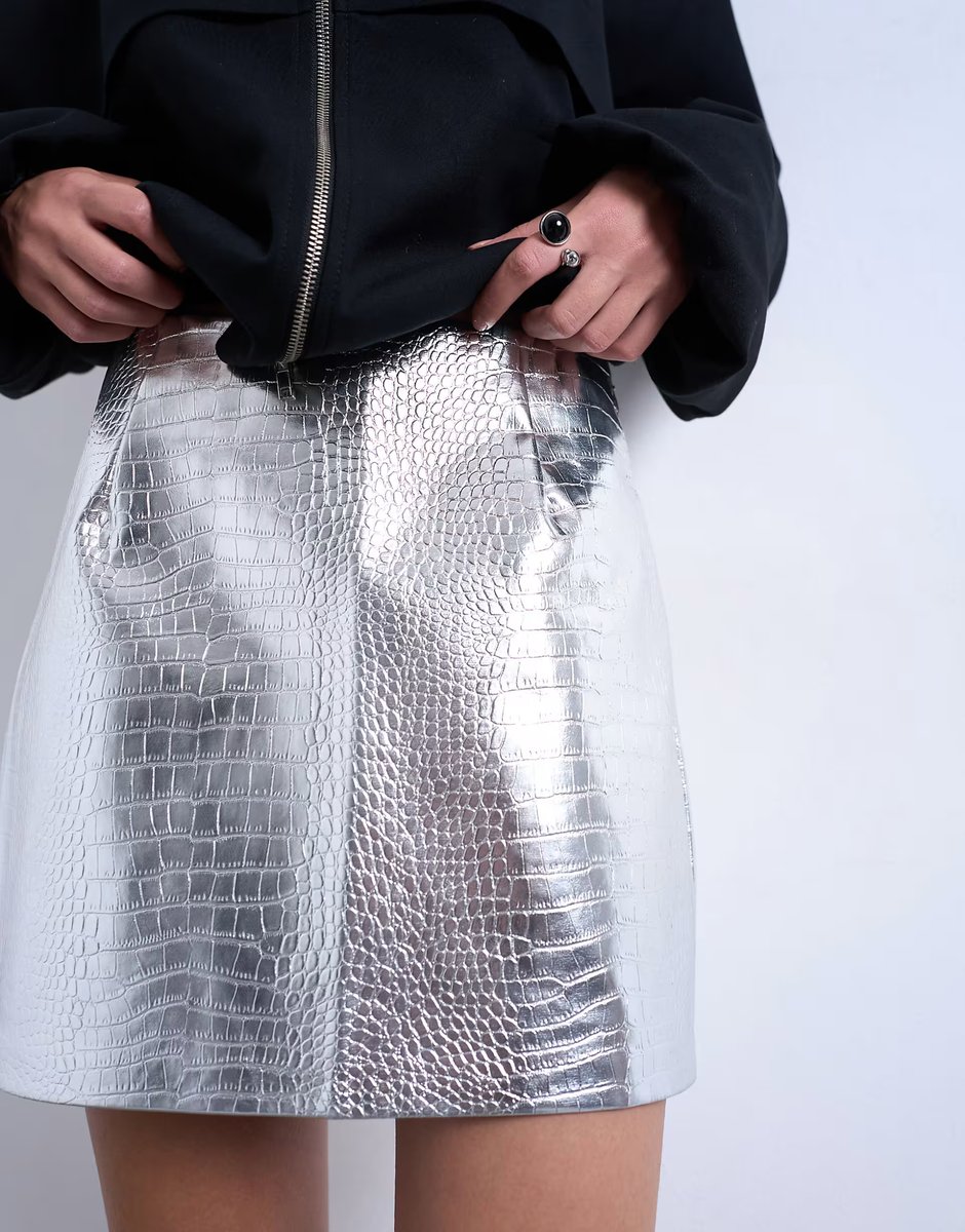 ASOS Topshop seamed detail faux leather mini in metallic - 4