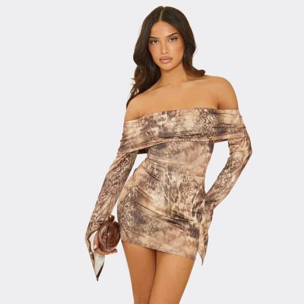 EGO Bardot Fold Over Flared Sleeve Mini Dress In Multi Animal Print, Women's Size UK 6